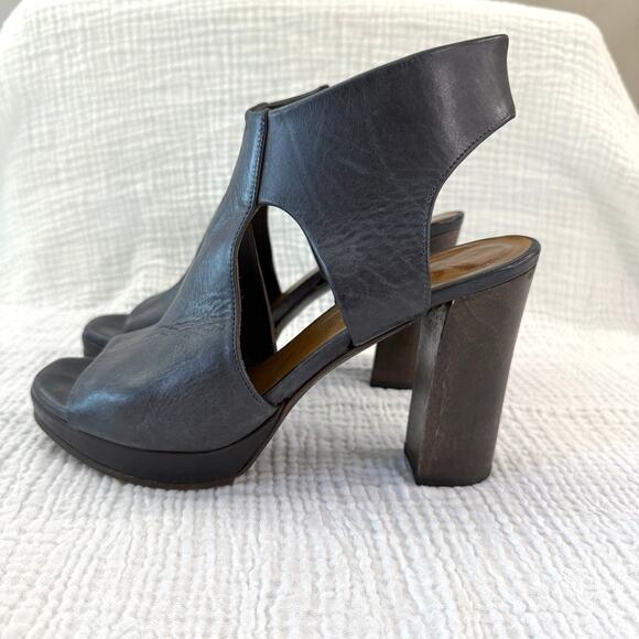 Coclico Platform Wood Heels Size 36.5 Dark Gray Blue Leather Cut Out Open Toe - Picture 14 of 15